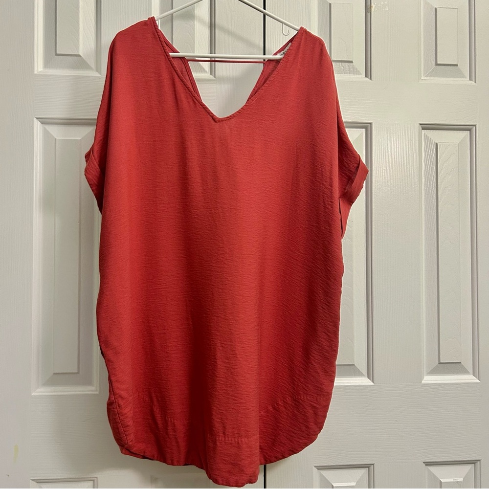 Umgee V-Neck Brick Red Lagenlook Short Sleeve Women’s Tunic Sz Large